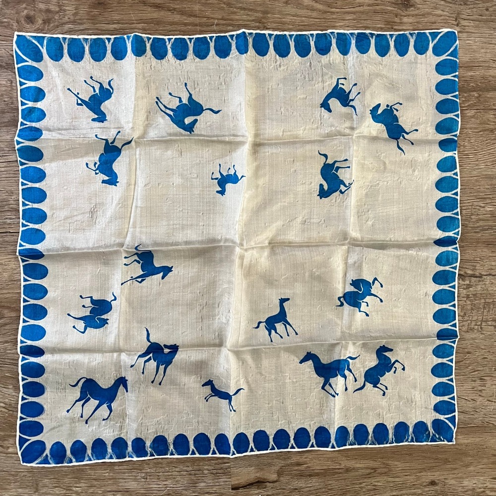Vintage Silk Pocket Square Blue White Equestrian Horse Print Hand Rolled 16x16